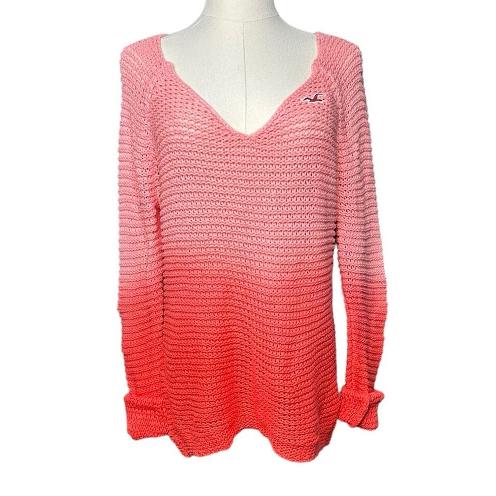 HOLLISTER Womens Medium Pink Coral Ombre Knit Deep V-Neck Beach Sweater Cover Up